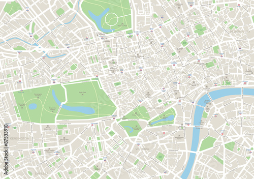 Zdjęcie XXL Bardzo szczegółowa mapa wektorowa Londynu. Obejmuje ona ulice, parki, nazwy okręgów, punkty zainteresowania.