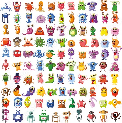 Tapeta ścienna na wymiar Large vector set of drawings of different characters isolated monsters, robots, germs, bacteria, aliens and other Halloween characters for your design, prints and banners