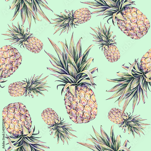  Pineapples on a light green background. Watercolor colourful illustration. Tropical fruit. Seamless pattern