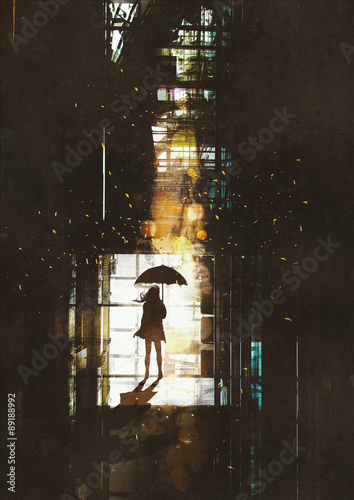 Obraz w ramie silhouette of woman with umbrella standing at window with bright light from outside,illustration painting