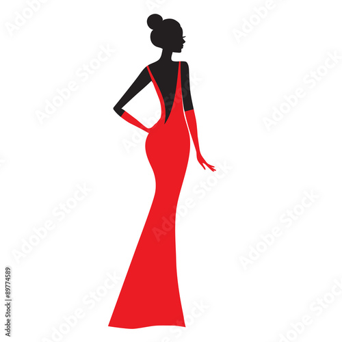 Fashion model. Silhouette of beautiful woman in red dress vector illustration.