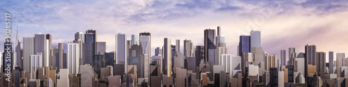 Day city panorama / 3D render of daytime modern city under bright sky