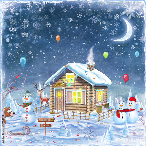 Winter holidays landscape with Snowman  ,house and forest. Merry