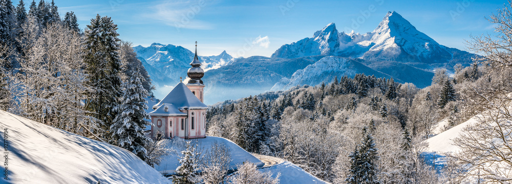 Idyllic winter landscape with chapel in the Alps, Berchtesgadener Land, Bavaria, Germany