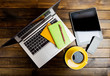 Office desk with laptop computer, tablet pc, planner, pen, mobil Office desk with laptop computer, tablet pc, planner, pen, mobil