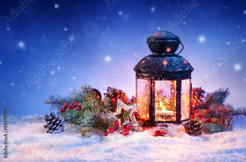 Snowy Lantern On Snow With Christmas Decoration
