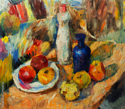 Zdjęcie XXL Piękny oryginalny obraz olejny z martwa natura wazon jabłka jasne kolory Red Orange Green On Canvas