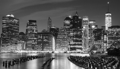 Black and white photo of Manhattan waterfront, NYC, USA.