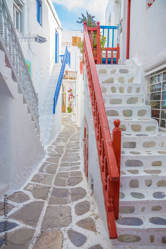 Fototapeta Streetview with stairs of Mykonos town, Greece