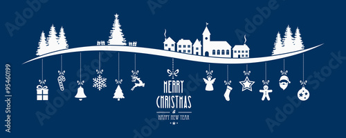 winter landscape christmas ornament hanging blue background