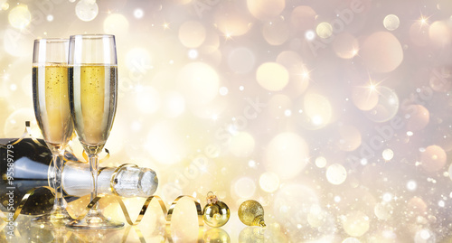 Toast With Bottle And Champagne - Golden Background