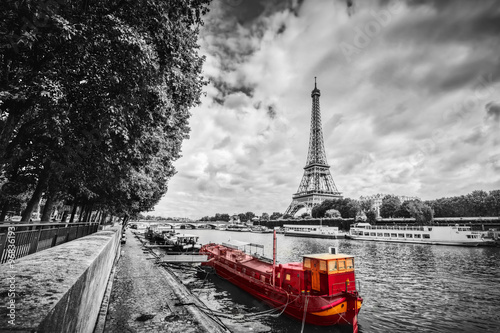  Eiffel Tower over Seine river in Paris, France. Vintage