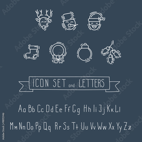 Set of Winter thin line hand drawing icons and element. New Year. Christmas. Doodles object. Cartoon