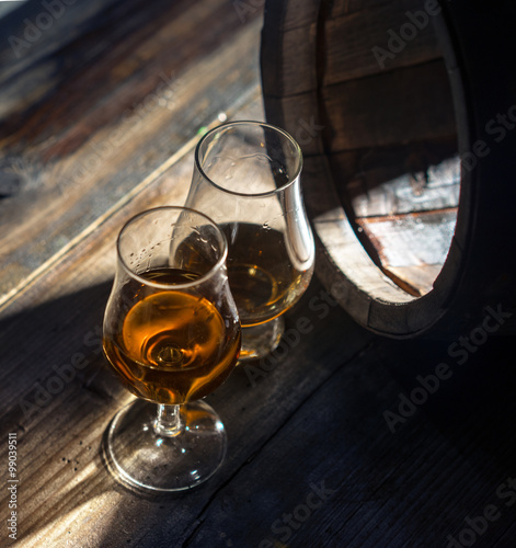 Whisky and brandy and oak barrel
