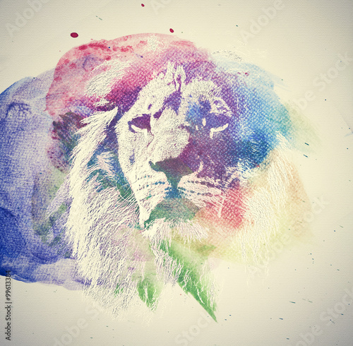 Obraz na płótnie Watercolor painting of lion. Abstract, colorful art.