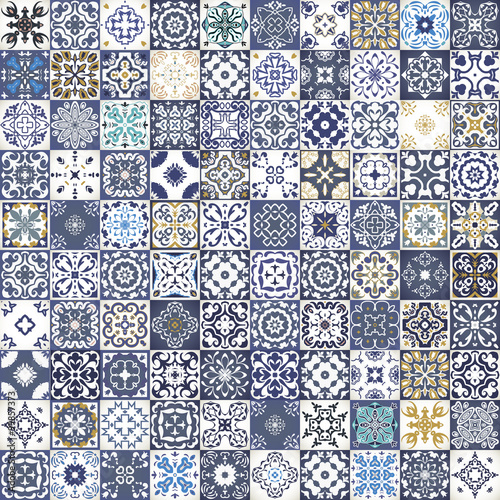 Fototapeta Gorgeous floral patchwork design. Colorful Moroccan or Mediterranean square tiles, tribal ornaments. For wallpaper print, pattern fills, web background, surface textures. Indigo blue white teal 
