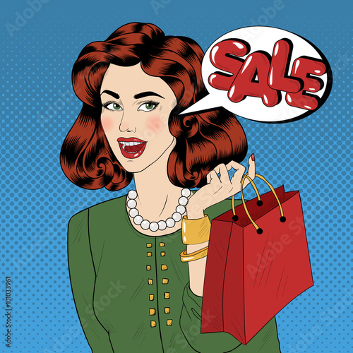 Zdjęcie XXL Banner sprzedaży w stylu pop art. Vintage Girl z torby na zakupy w stylu komiksów