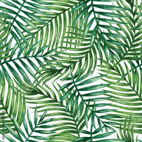 Fototapeta Watercolor tropical palm leaves seamless pattern. Vector illustration.