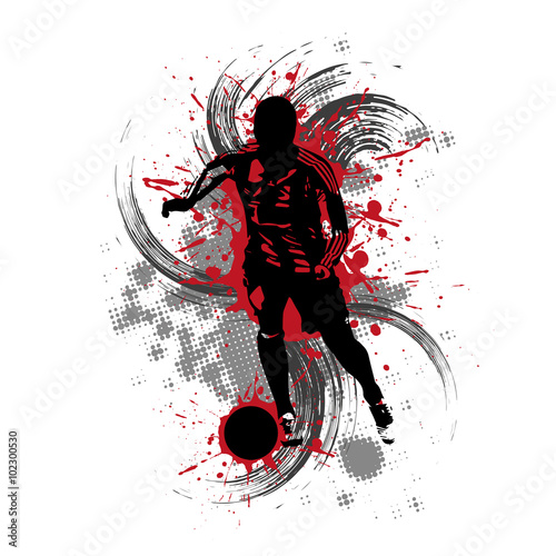 Fototapeta Fußballspieler vor rotem Hintergrund mit Farbspritzern