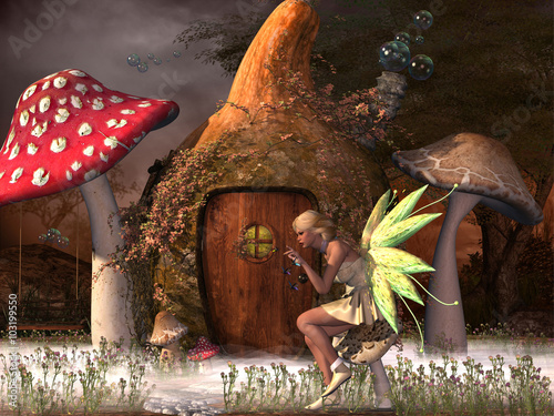 Plakat Fairy Belle - Fairy Belle gra z lecącymi muchami poza domem tykwy w magicznym lesie.