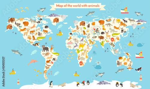 Plakat Mapa świata zwierząt. Ilustracja wektorowa kolorowy kreskówka dla dzieci i dzieci. Przedszkole, edukacja, dziecko, kontynenty, oceany, narysowane, Ziemia