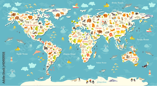 Animals world map. Beautiful cheerful colorful vector illustration for children and kids. With the inscription of the oceans and continents. Preschool, baby, continents, oceans, drawn, Earth