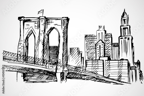 Fototapeta Hand drawn Brooklyn Bridge and buildings