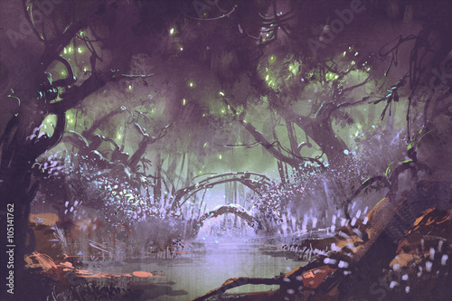 enchanted forest,fantasy landscape painting