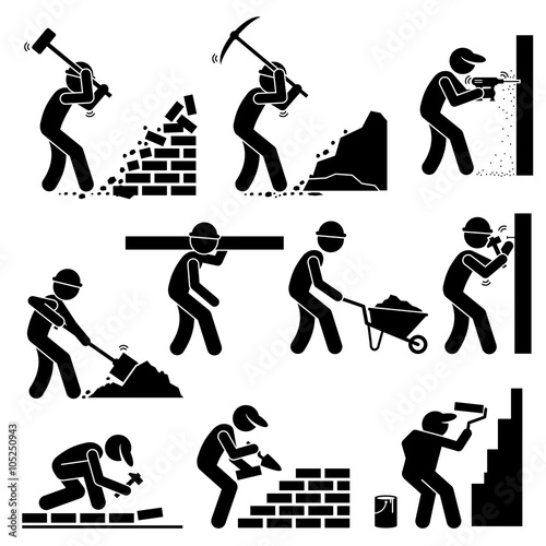 Builders Constructors Workers Building Houses with Tools and Equipment at Construction Site