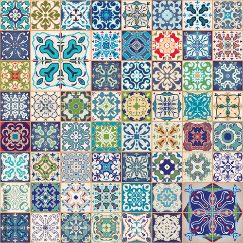  Gorgeous floral patchwork design. Colorful Moroccan or Mediterranean square tiles, tribal ornaments. For wallpaper print, pattern fills, web background, surface textures. Indigo blue white teal 
