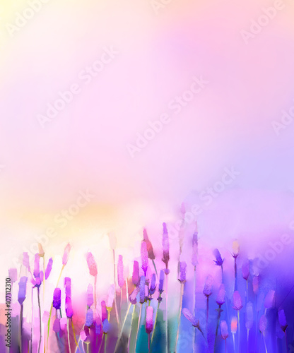 Fototapeta Oil painting violet lavender flowers in the meadows. Abstract oil painting sunshine at flower field in soft purple color and blur style