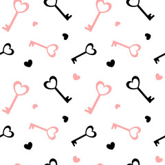 black white pink heart key seamless vector pattern background illustration
