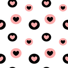 black white pink seamless vector pattern background illustration with hearts in the circles
