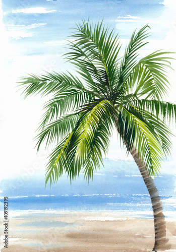  Tropical resort view with the seashore and coconut palm. Original watercolor painting.