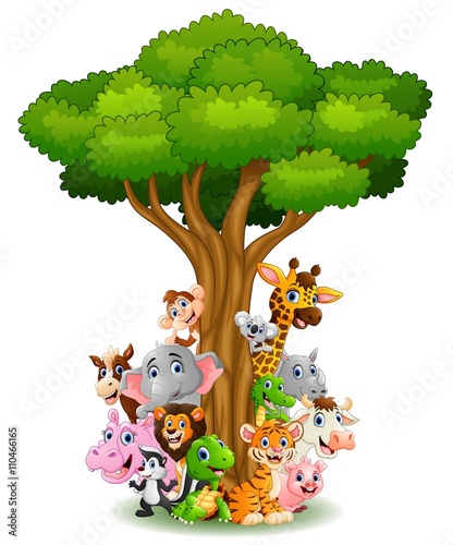 Collection animal stand around tree
