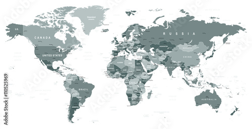 Fototapeta Grayscale World Map - borders, countries and cities - illustration
Highly detailed gray vector illustration of world map.