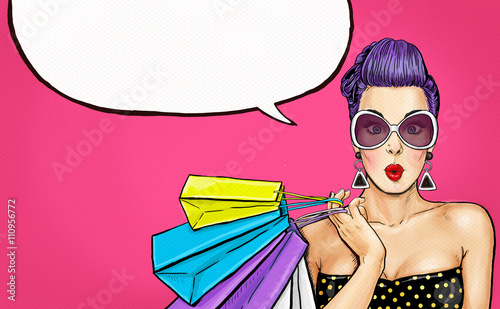 Pop Art girl with shopping bags. Comic woman. Sexy girl. Gift, amazed, wow, cute, lips, face, wow, makeup, wonder, temptation, luxury, birthday, vintage, voucher, love, boutique, cheeks, OMG, bubble