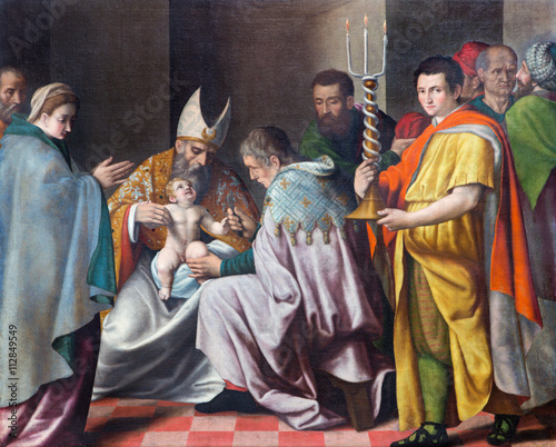 Zdjęcie XXL BRESCIA WŁOCHY, MAJ, - 21, 2016: Obrzezanie mała Jezus farba w kościelnym Chiesa Del Santissimo Corpo Di Cristo niewiadomymi artis 16 cent. zainspirowany Leonardo Bramantino.