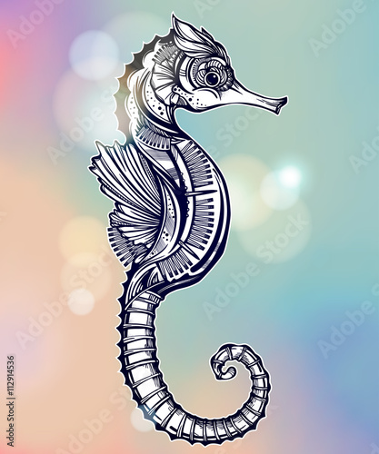  Vector seahorse, line art.