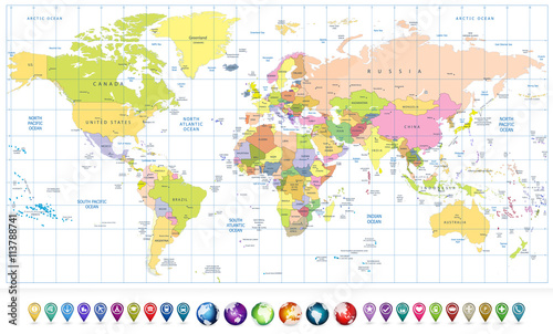 Fototapeta Colored political World Map and 3D globes with navigation icons