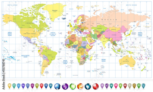  Colored political World Map and 3D globes with navigation icons