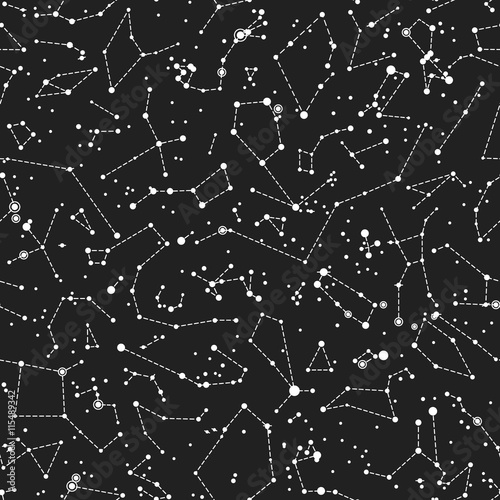Zdjęcie XXL Bezszwowe wektor wzór z konstelacji na czarnym tle. Astronomiczny Naukowej szkoły bezszwowy wzór na blackboard tle