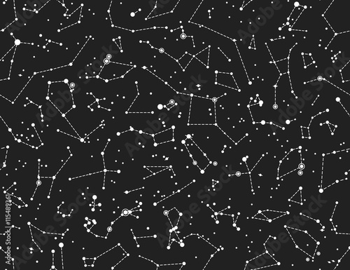 Zdjęcie XXL Bezszwowe wektor wzór z konstelacji na czarnym tle. Astronomiczny Naukowej szkoły bezszwowy wzór na blackboard tle