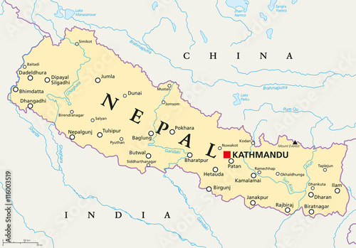 Plakat Nepal polityczna mapa ze stolicą Katmandu, granicami państwowymi, miastami i rzekami. Federalna republika demokratyczna i kraj śródlądowy w Azji Południowej, graniczy z Chinami i Indiami. Etykietowanie w języku angielskim.