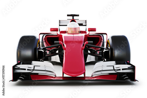 Fototapeta Race car and driver front view on a white isolated background. 3d rendering