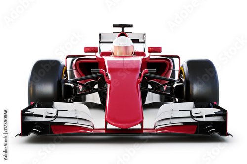 Race car and driver front view on a white isolated background. 3d rendering