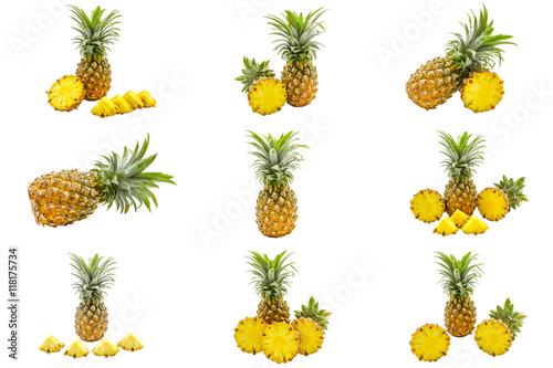 Isolated set of pineapples fruit slices on white background with clipping path