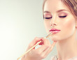 Hand of make-up master, painting lips of young beautiful model. Makeup in progress. Hand of make-up master, painting lips of young beautiful model. Makeup in progress.