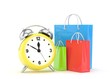 alarm clock and shopping bag (time to buy concept). 3d rendering. alarm clock and shopping bag (time to buy concept). 3d rendering.