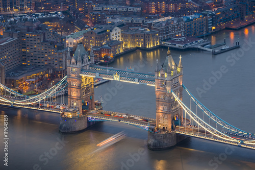  London, England - Aerial view of the world famous Tower Bridge by night
